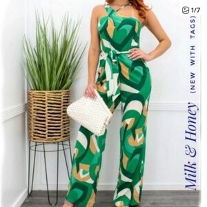 NWT - Milk & Honey green and white tropical print  Jumpsuit